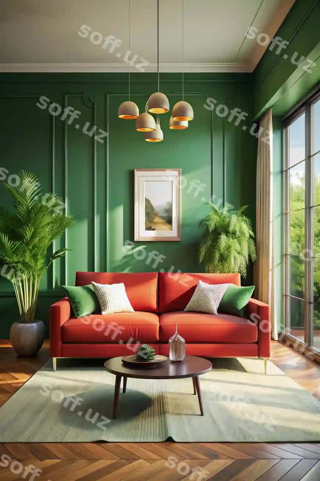 Uy ichki dekoratsiyasi qizil divan stol dekoratsiyasi bilan yashil mehmonxona 3D render | Home interior with red sofa table decor green living room 3d render