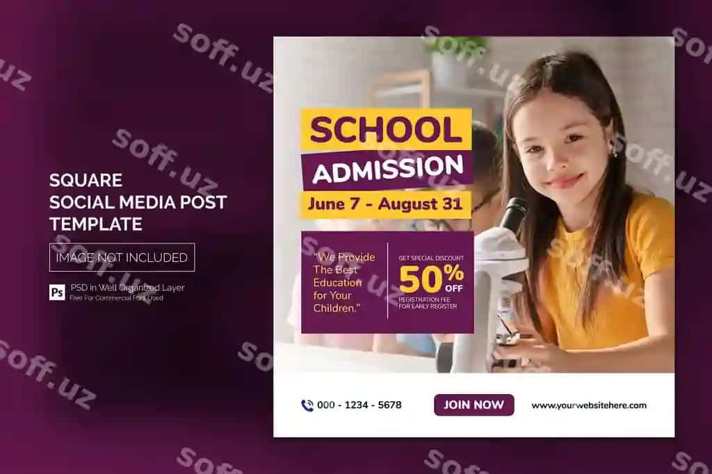 Oddiy maktabga kirish ta'lim maydoni ijtimoiy media post veb-banneri | Simple school admission education square social media post web banner