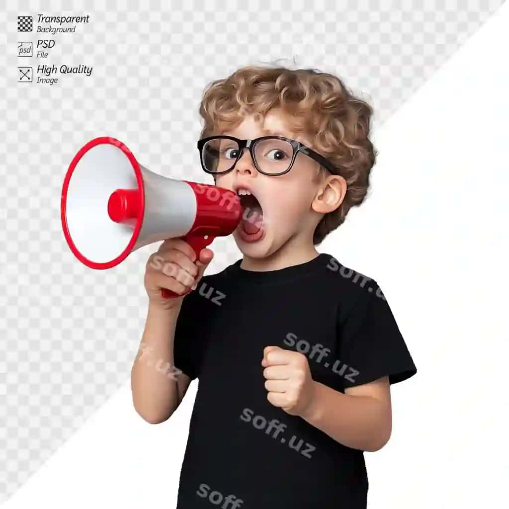 Megafon bilan bola shaffof orqa fonda hissa bilan muloqot qiladi | Child with megaphone transparent background communicating enthusiastically
