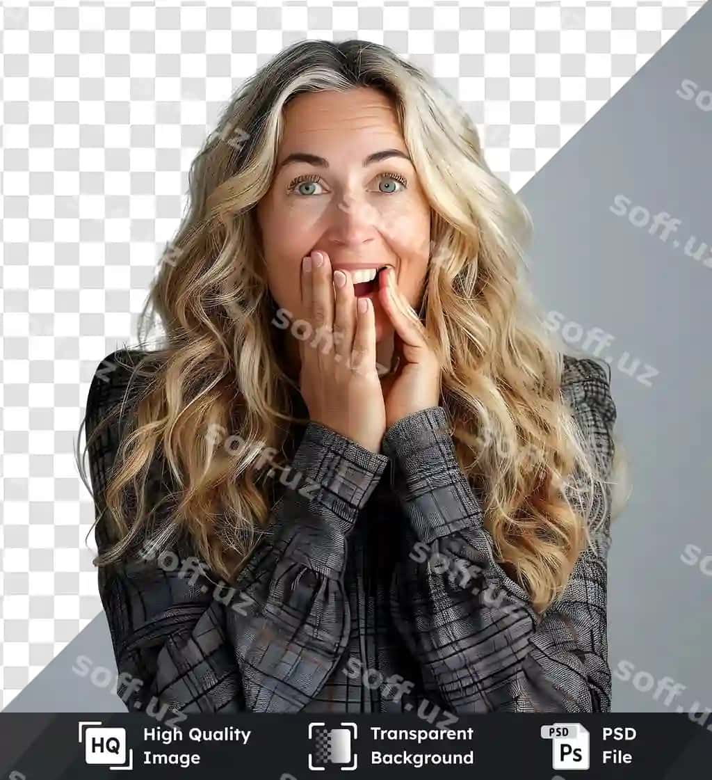 Qo'llari bilan xursandchilik bildirayotgan ayol shaffof fonda yuz beradi | Woman expressing joy with hands face premium transparent background