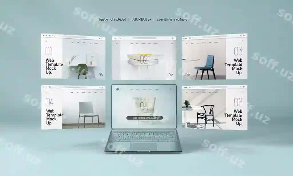 Noutbuk ekrani veb-sayt prezentatsiyasi namunasi ajraltirilgan | Laptop screen with website presentation mockup isolated