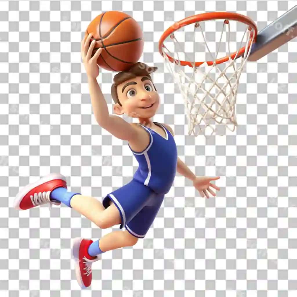 Basketbolchi alleyoop dunk o'yinini 3D belgi bilan bajarmoqda | Basketball player doing alleyoop dunk 3d character isolated transparent