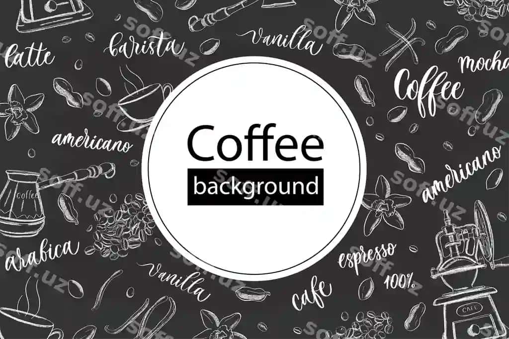 Qahva fonida vintage kontur qo'lda chizilgan doodle uslubi turli xil | Coffee background vintage outline hand drawn doodle style with different