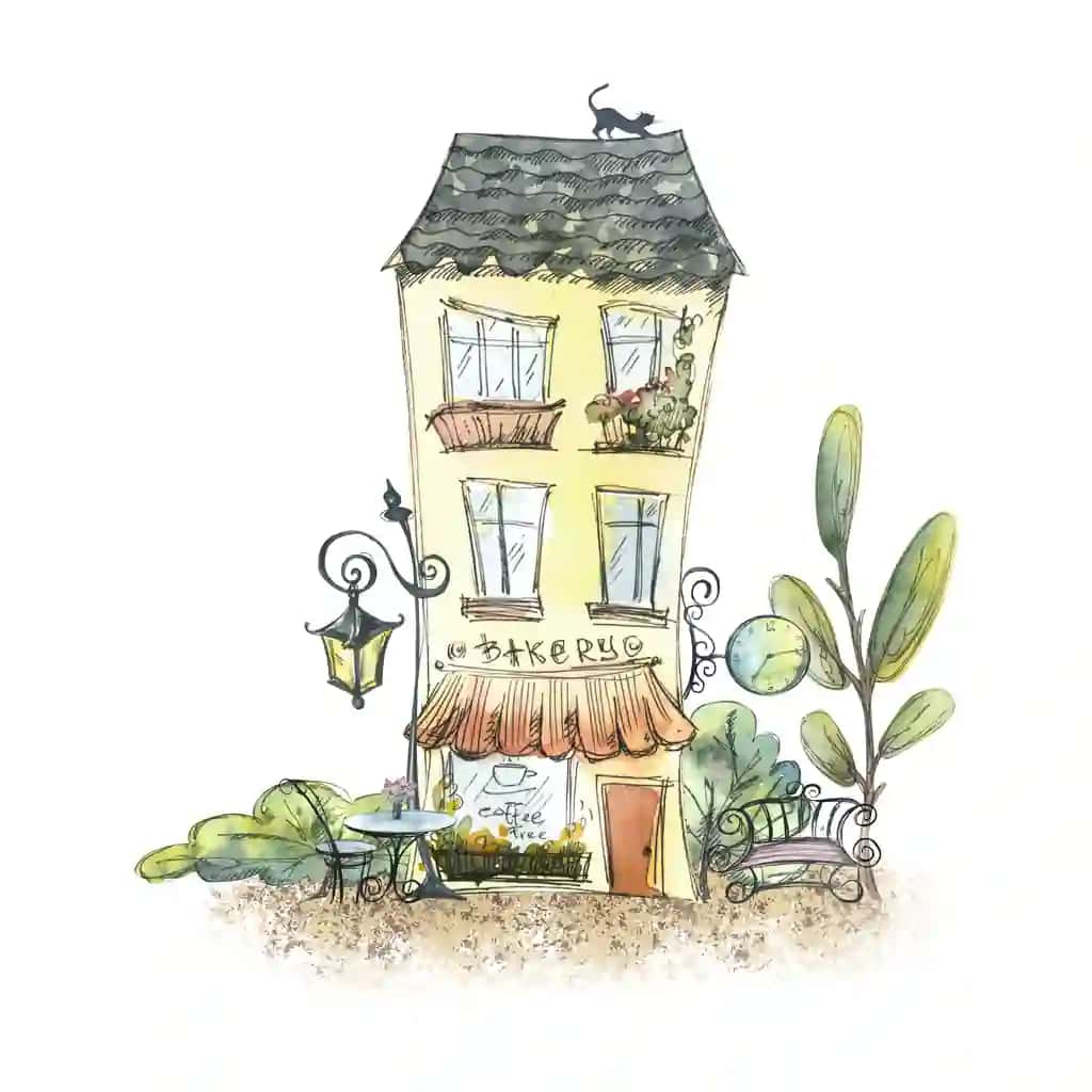 Nonvoyxona fonarlari bilan skameykali daraxtlar akvarelli illyustratsion eskiz uslubidagi go‘zal uy Parij bezaklarining katta to‘plamidan grafik elementlar kompozitsiyasi. | Cute house with bakery lantern bench trees watercolor illustration sketch style with graphic elements composition from large set paris decoration design