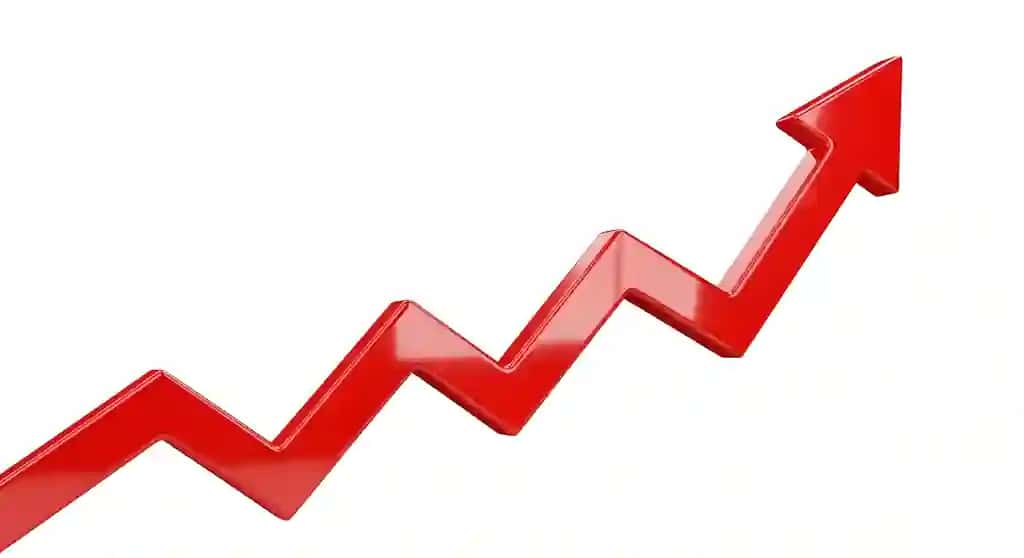 Yuqoriga ko'tarilish tendentsiyasini ko'rsatuvchi qizil 3D strelka | Red 3d arrow indicating upward trend growth