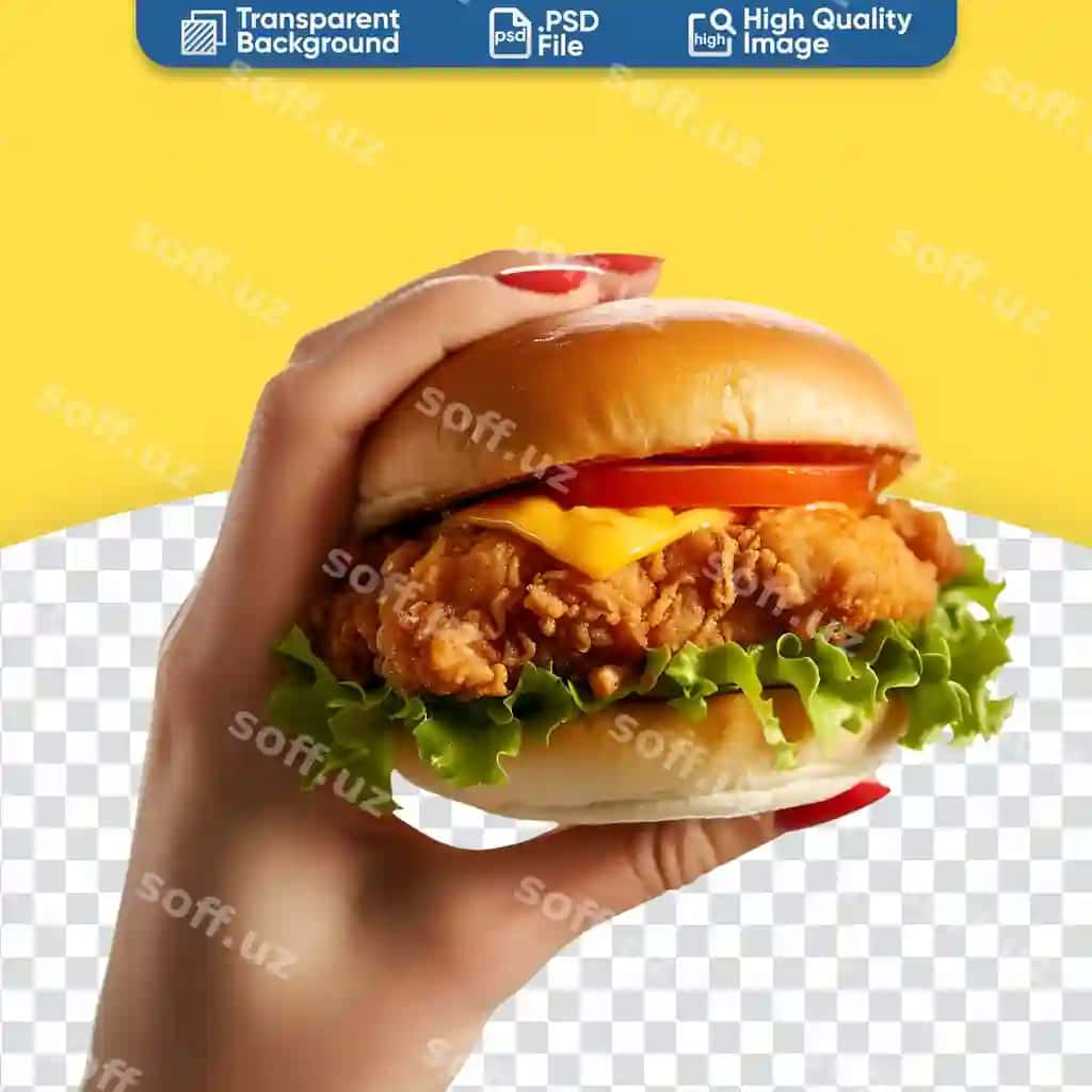 Mazali qovurilgan tovuq burgeri ayol qo'l tutgan yuzasi tez ovqat | Delicious fried chicken burger held womans hand close up fast food