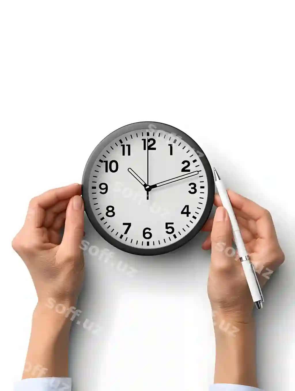 3d tekis ikonka inson qo'llari soatni tutmoqda ro'yxat ruchkasi bilan nusha joyi vaqt boshqaruvi | 3d flat icon human hands holding clock list pen with copy space time management