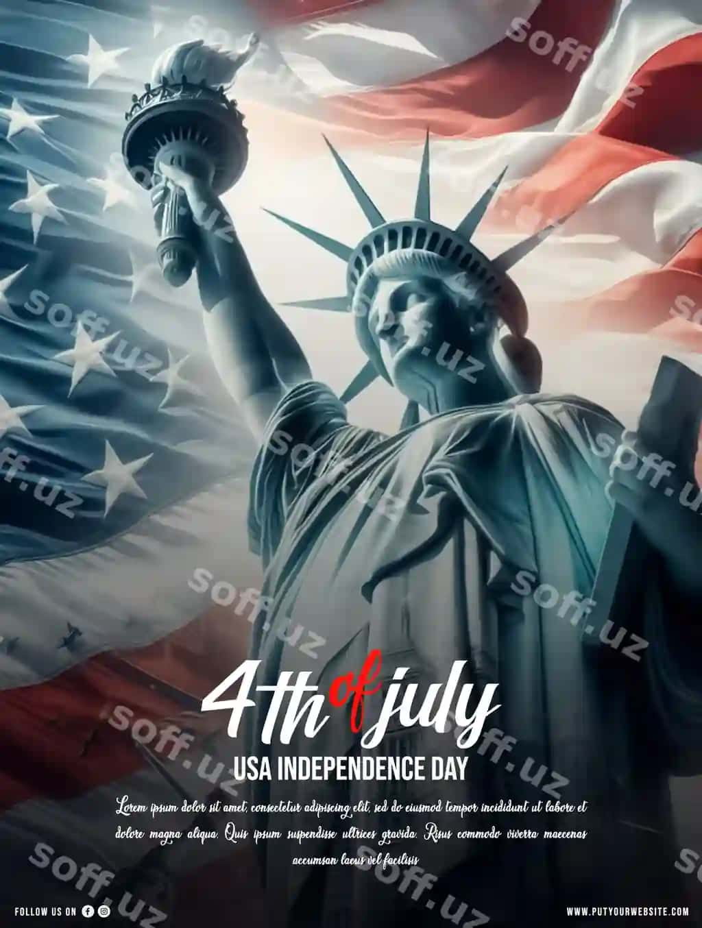 Ozodlik haykali AQSh bayrog'i fonida Amerika mustaqillik kuni plakati | American independence day poster with liberty statue usa flag background