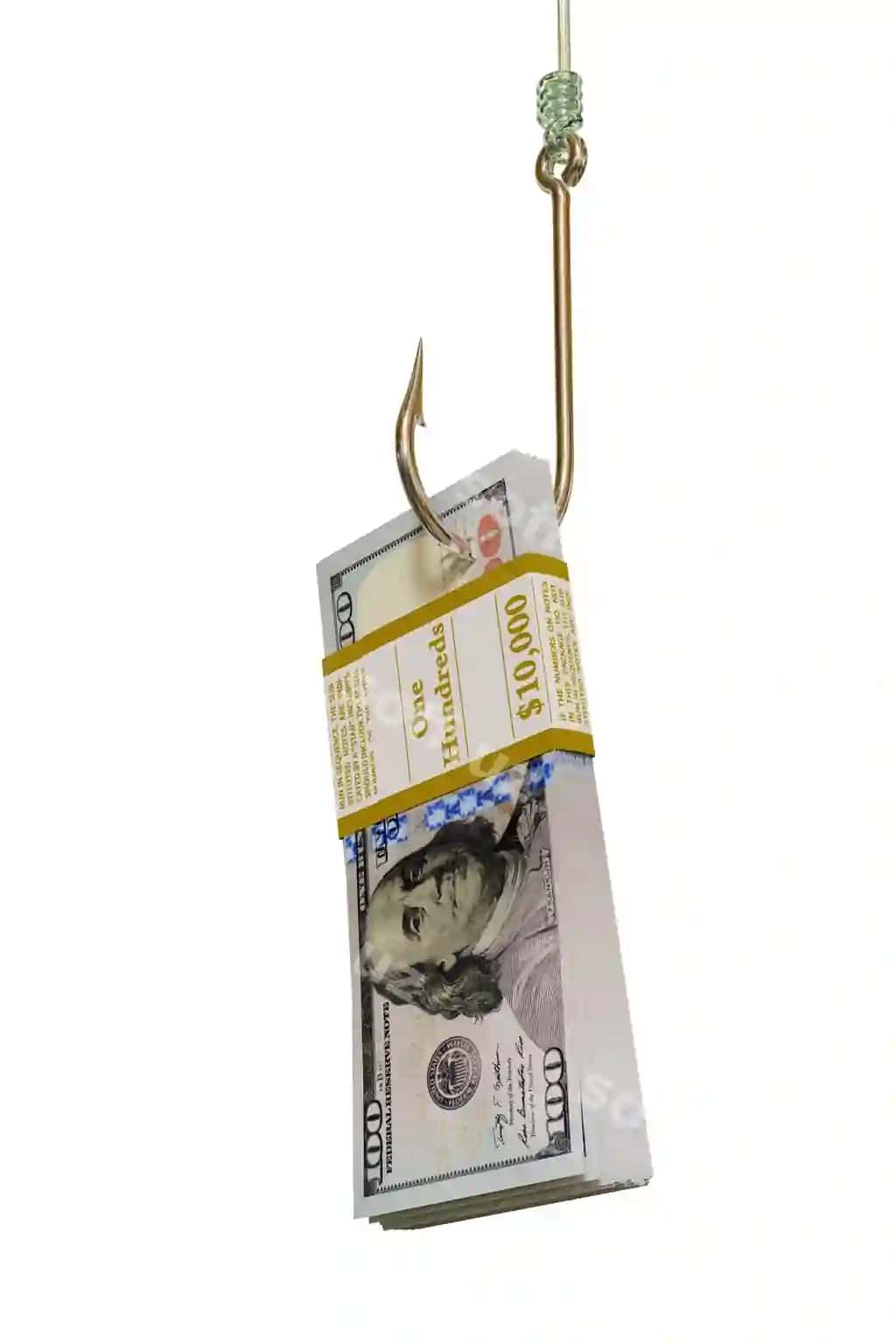 Dollar billi balıq tutish ganchi oq fonda ajraltirilgan pulni tutish, investitsiya, lotereya g'alabasi tushunchasi 3D illustratsiyasi | Dollar bill fishing hook isolated white background catching cash investment winning lottery concept 3d illustration