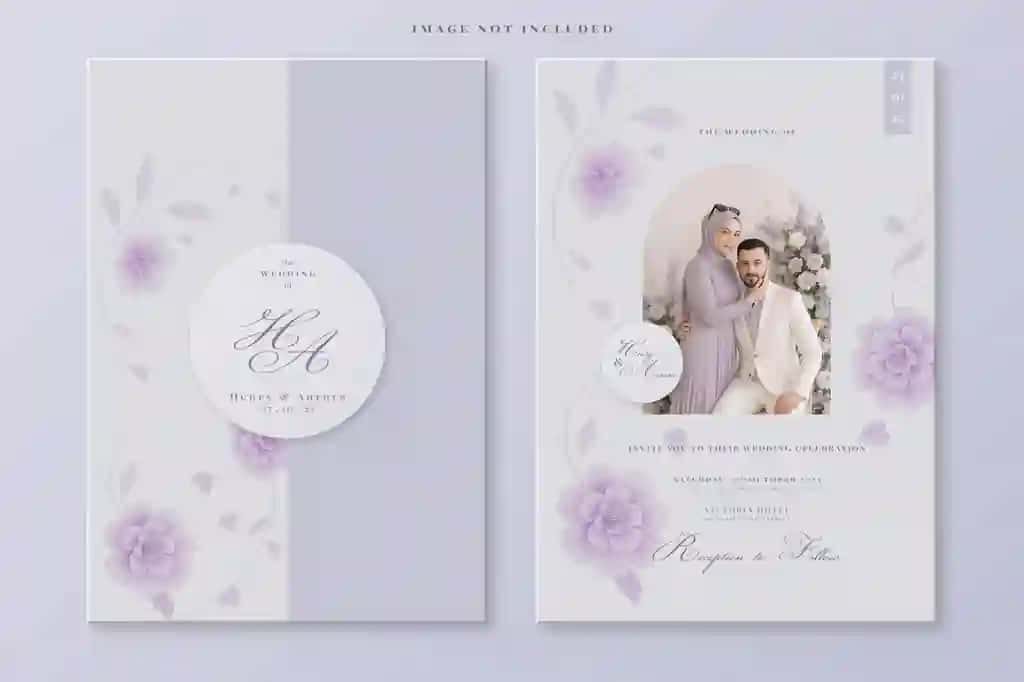Gullar aksan juftlik fotosurati bilan oqlangan to'y taklifnomasi | Elegant wedding invitation with floral accents couples photo