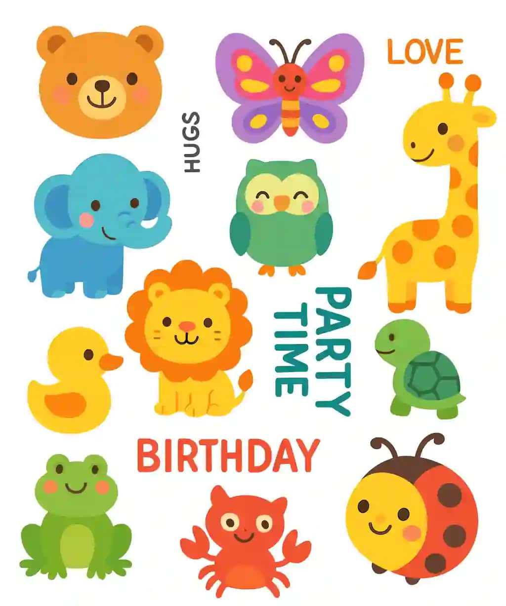 Yoqimli hayvonlar bayrami stikerlari toʻplami multfilm vektor piktogrammasi | Cute animal party sticker pack sheet cartoon vector icon illustration