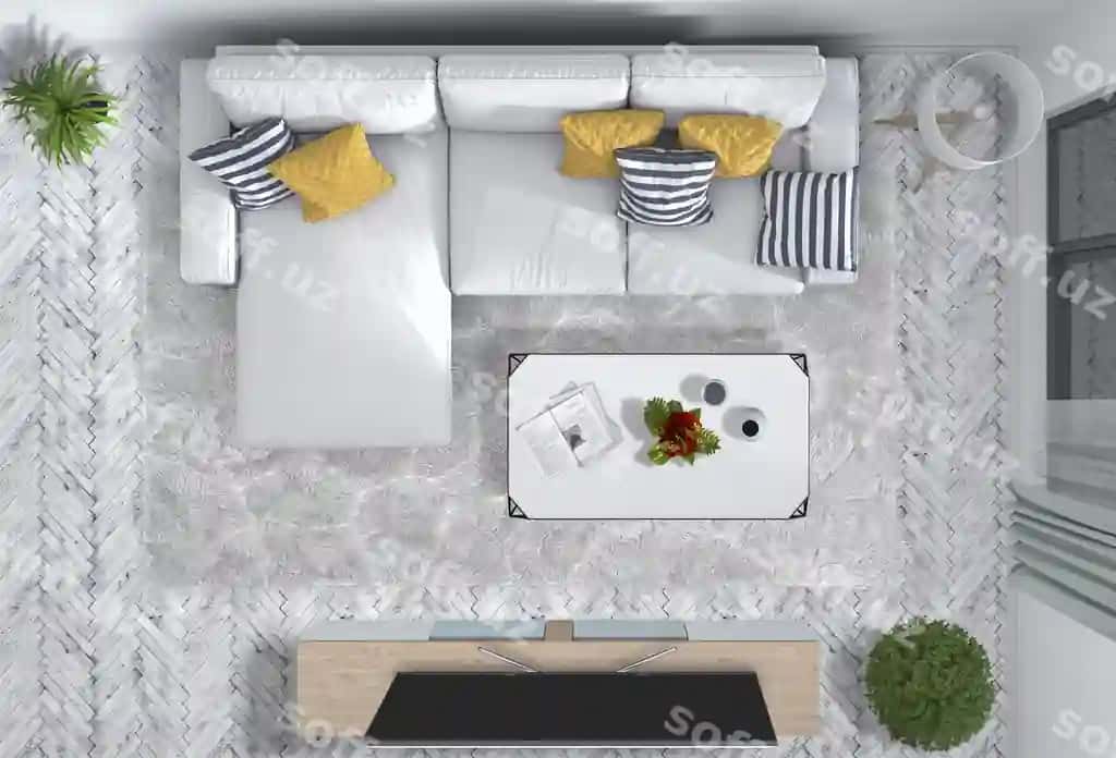 Yuqori ko'rinishdagi ichki mehmonxona akilliy televizor bilan | Top view interior living room with smart tv