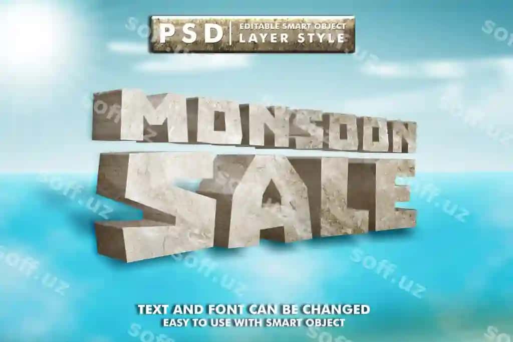 Musson sotuvi 3D matn effekti premium psd | Monsoon sale 3d text effect premium psd