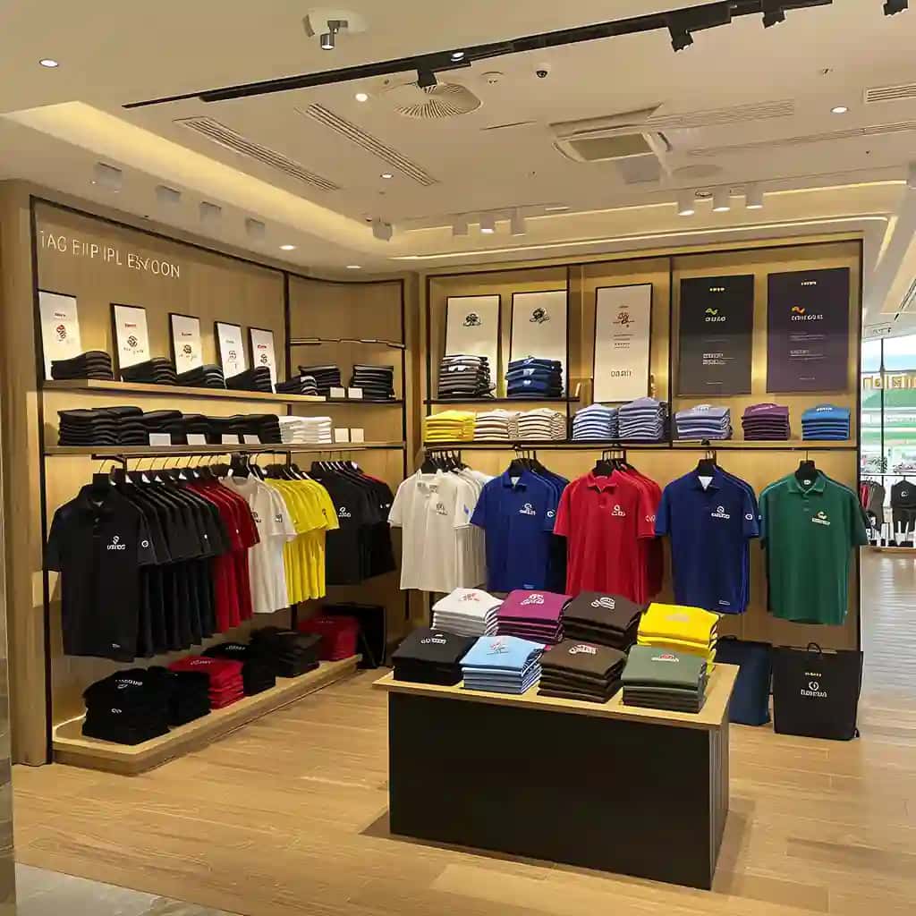 Qator moda polo futbolkalar erkaklar yog'och ilmoqli tokchalar kiyim butik chakana savdo do'koni | Row fashionable polo tshirts man wooden hanger rack clothing boutique retail shop