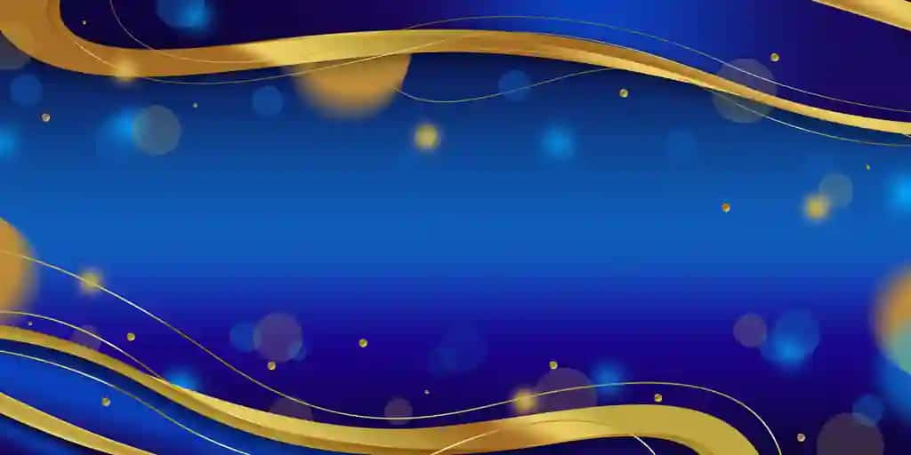 Oltin lentalar bilan bezatilgan hashamatli ko'k oltin rangli to'lqinli mavhum fon | Luxurious blue gold wavy abstract background with golden ribbons
