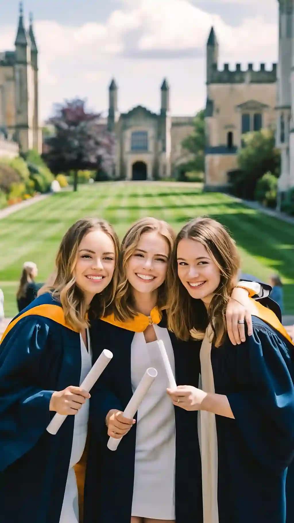 Portret uch tabassum bitiruvchi do'stlar diplom bilan universitet kampus bitiruv liboslari | Portrait three smiling graduate friends graduation robes university campus with diploma