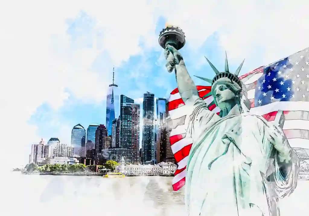 Nyu-Yorkdagi yirik Amerika bayrog'i bilan akvarel bo'yoqlari bilan tasvirlangan Ozodlik haykali | Watercolor painting illustration statue liberty with large american flag new york