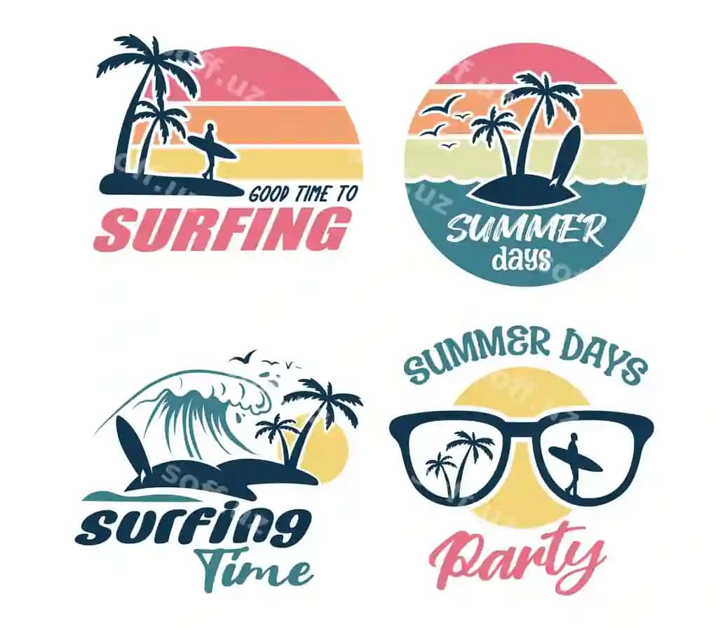 Yoz marafoni surfinq vintaj vektor komplekti | Summer party surfing vintade vector set