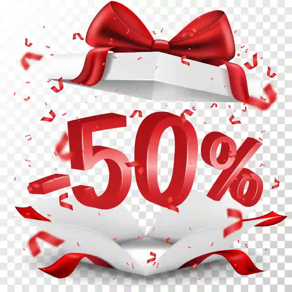 Ochiq sovg'a qutisi qizil kamonli oq sotuvda 50 chegirmali vektor tasviri | Open gift box with red bow isolated white sale 50 off vector illustration
