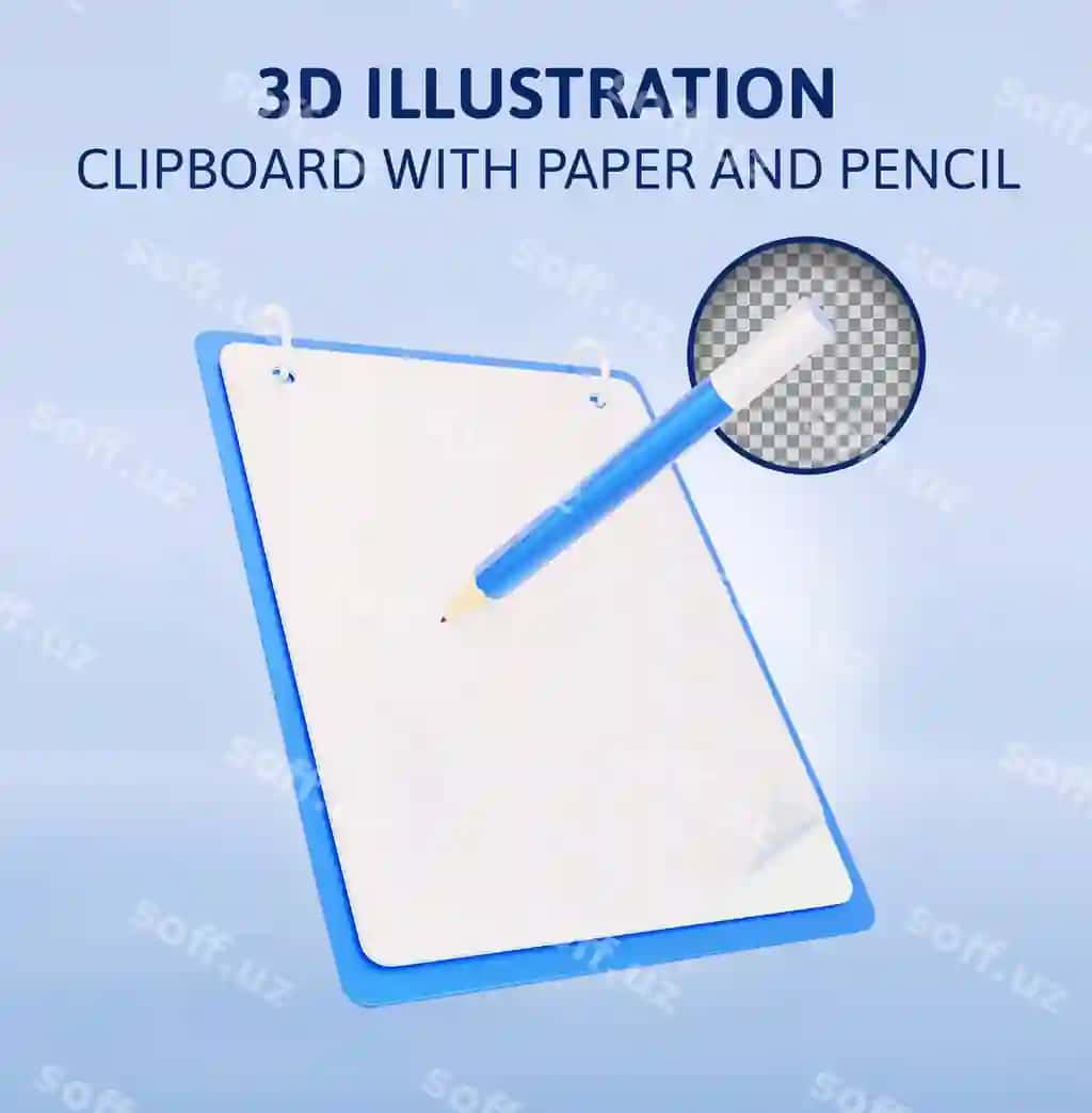 Qog'oz tutqich qog'oz qalam 3d render illustratsiyasi | Clipboard with paper pencil 3d rendering illustration