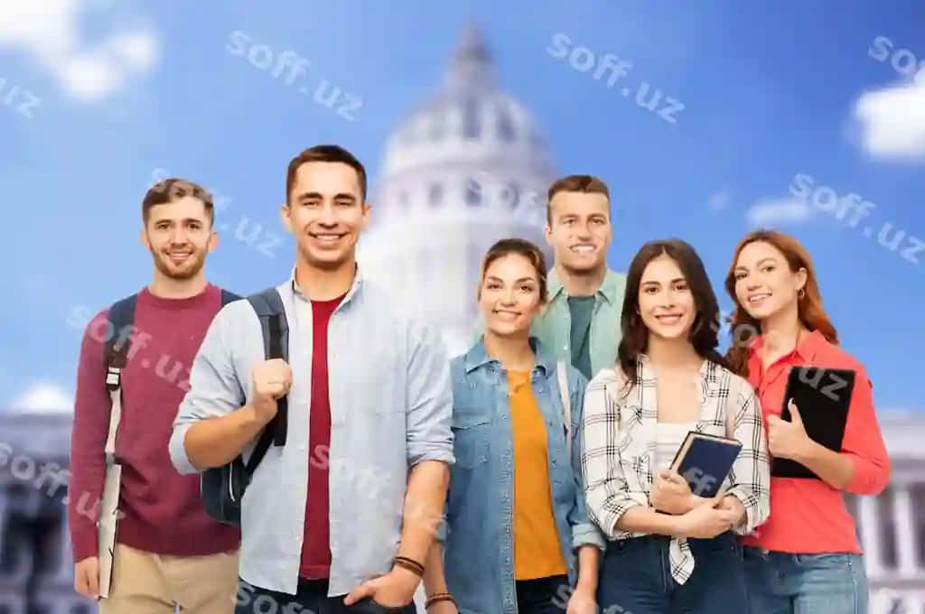 Oq uyda kitoblar bilan guruh talabalari | Group students with books white house
