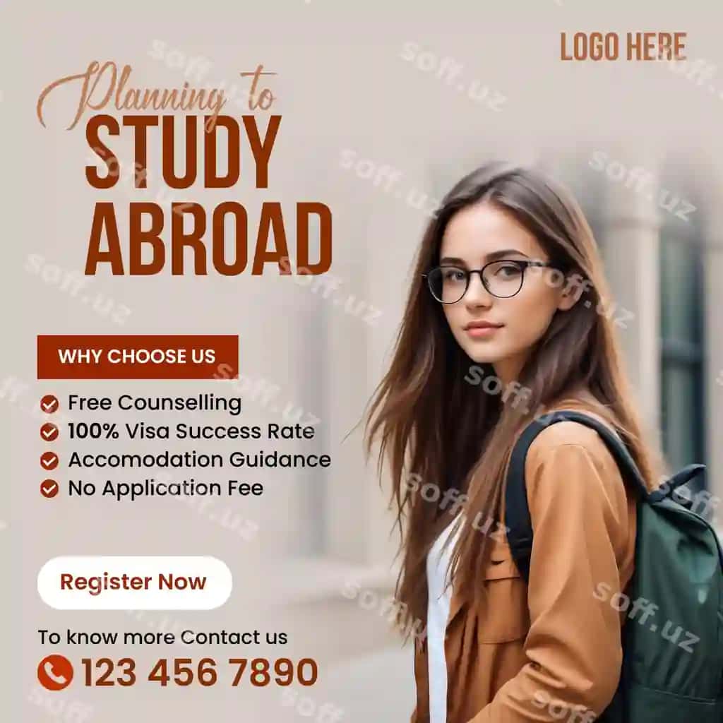 Chet ellarda o'quv maydon flyeri ijtimoiy tarmoqlardagi e'lon reklama kreativ qismi Instagram | Study abroad square flyer social media post ad creative instagram