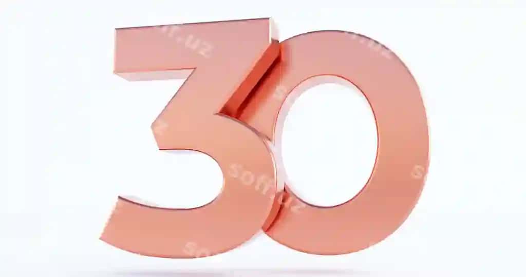 Bronza 30-raqam ajraltirilgan oq fonda 3D renderlangan shaffof metalik raqam | Bronze number 30 isolated white background 3d rendered glossy metallic digit
