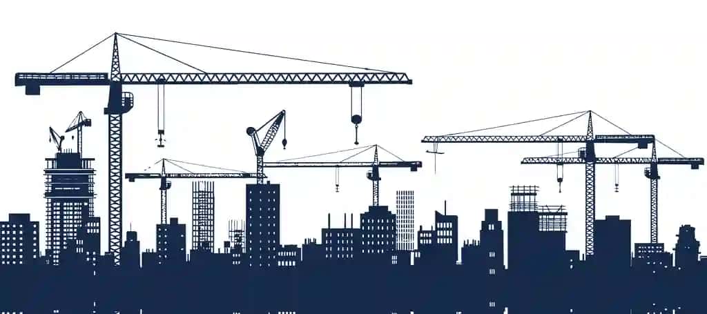 Minora krani vektori bilan qurilish krani shahar silueti silueti | Construction crane city skyline silhouette with tower crane vector