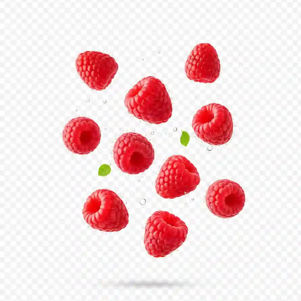 Yalpiz barglari suv tomchilari bilan to'kilgan yangi qizil malina | Fresh red raspberries falling with water droplets mint leaves