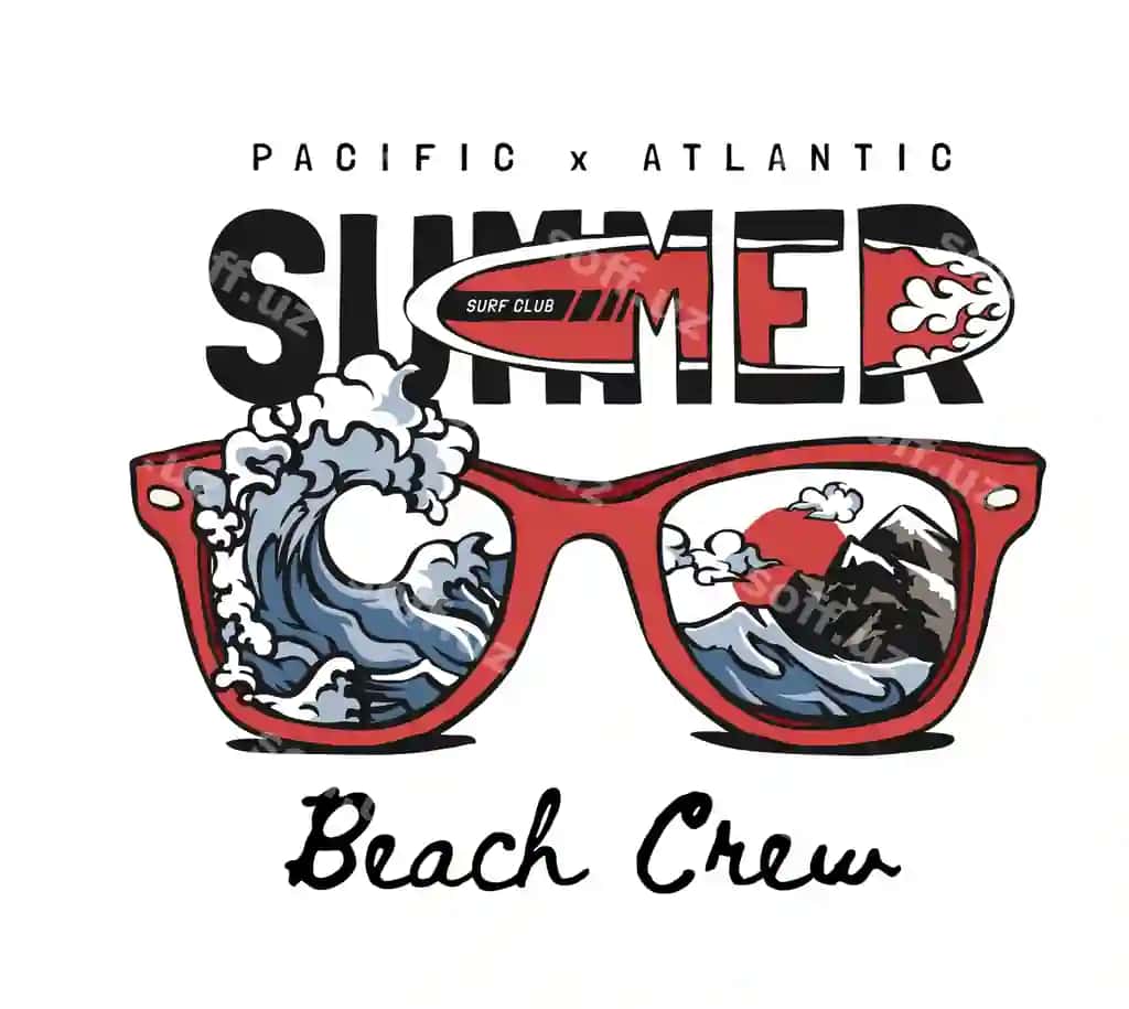 Yoz plyazh jamoasi slogani dalg'a sporqin solary illustratsiyasi bilan | Summer beach crew slogan with wave splash sunglasses illustration