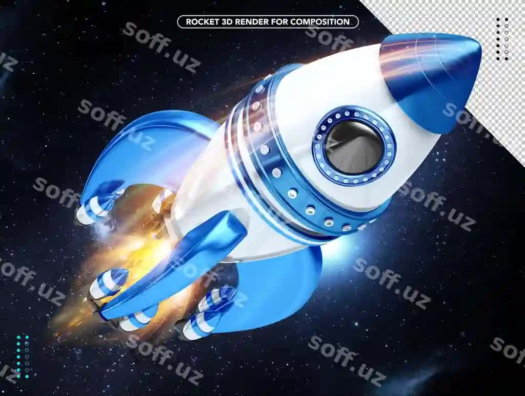 Moviy va oq rangli realistik 3D raketa osmon tepasida uchib yuradi | Blue white realistic 3d rocket flying overhead
