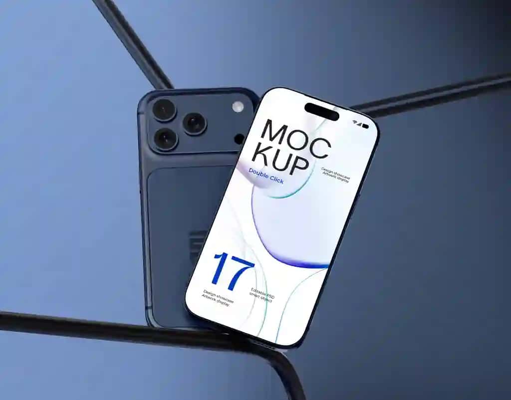 Ikkita zamonaviy suzuvchi smartfon 17 pro max maketi kavisli metall quvurlar | Dual modern floating smartphone 17 pro max mockup curved metal tubes