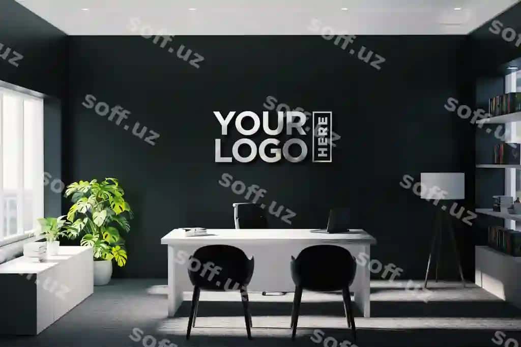 Qora devor, uning ustida "Sizning logotipingiz shu yerda" degan belgi. | Black wall with sign that says your logo here
