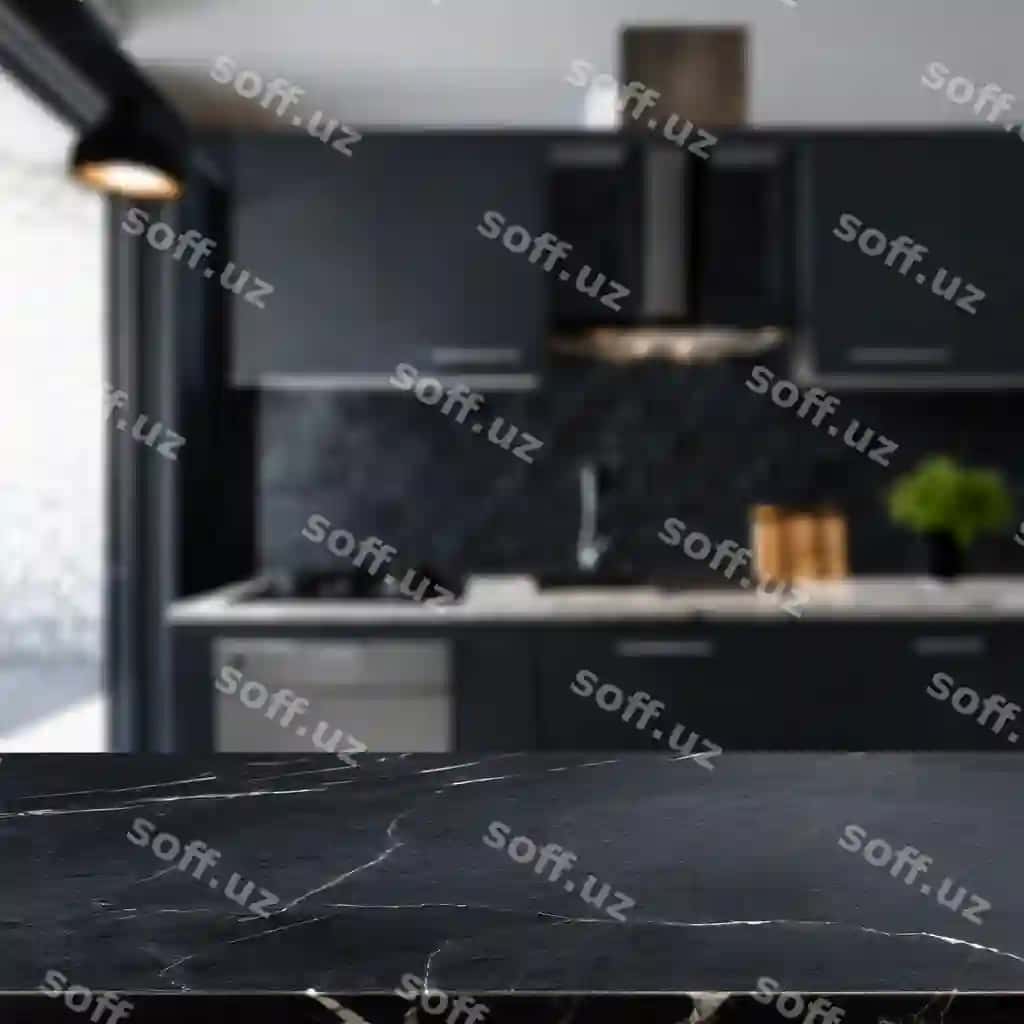 Qora marmar stol usti buland oshpazlik orqa fonda AI yaratilgan | Black marble tabletop blurred kitchen background ai generated