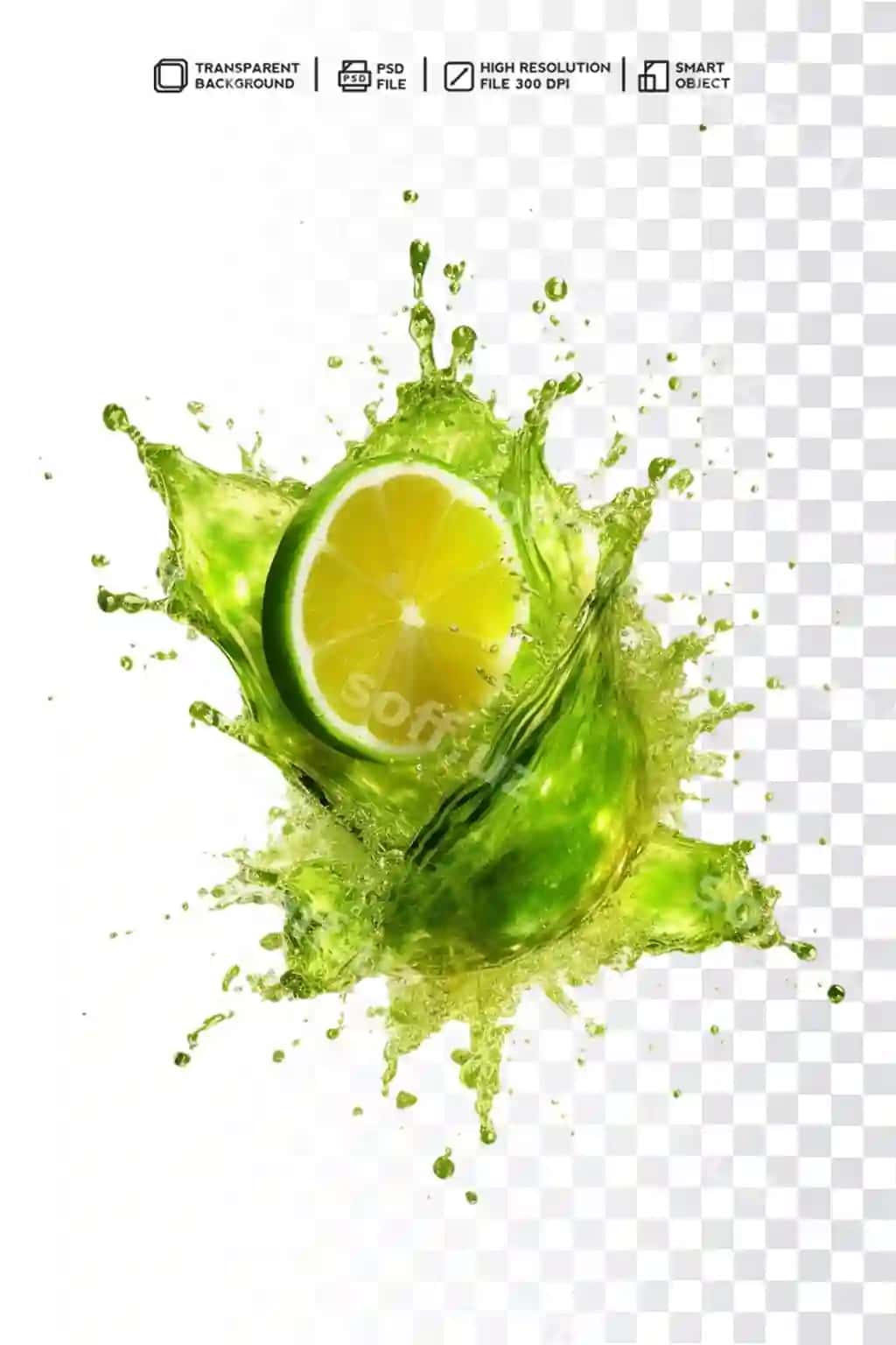 Yangi limon 3d sovuq suv damchalari shaffof orqa fonda | Fresh lime with 3d splash drops water transparent background