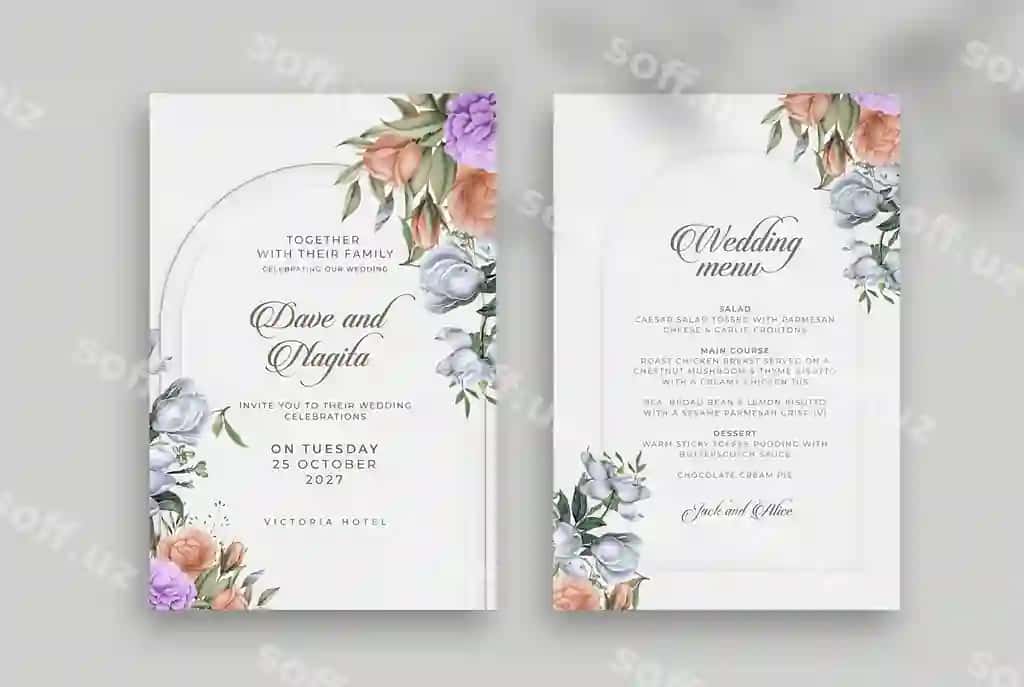 Qishloqcha geometric turmali taklifnoma, turmali menyu jigarrang gul bilan | Rustic geometric wedding invitation wedding menu with brown flower