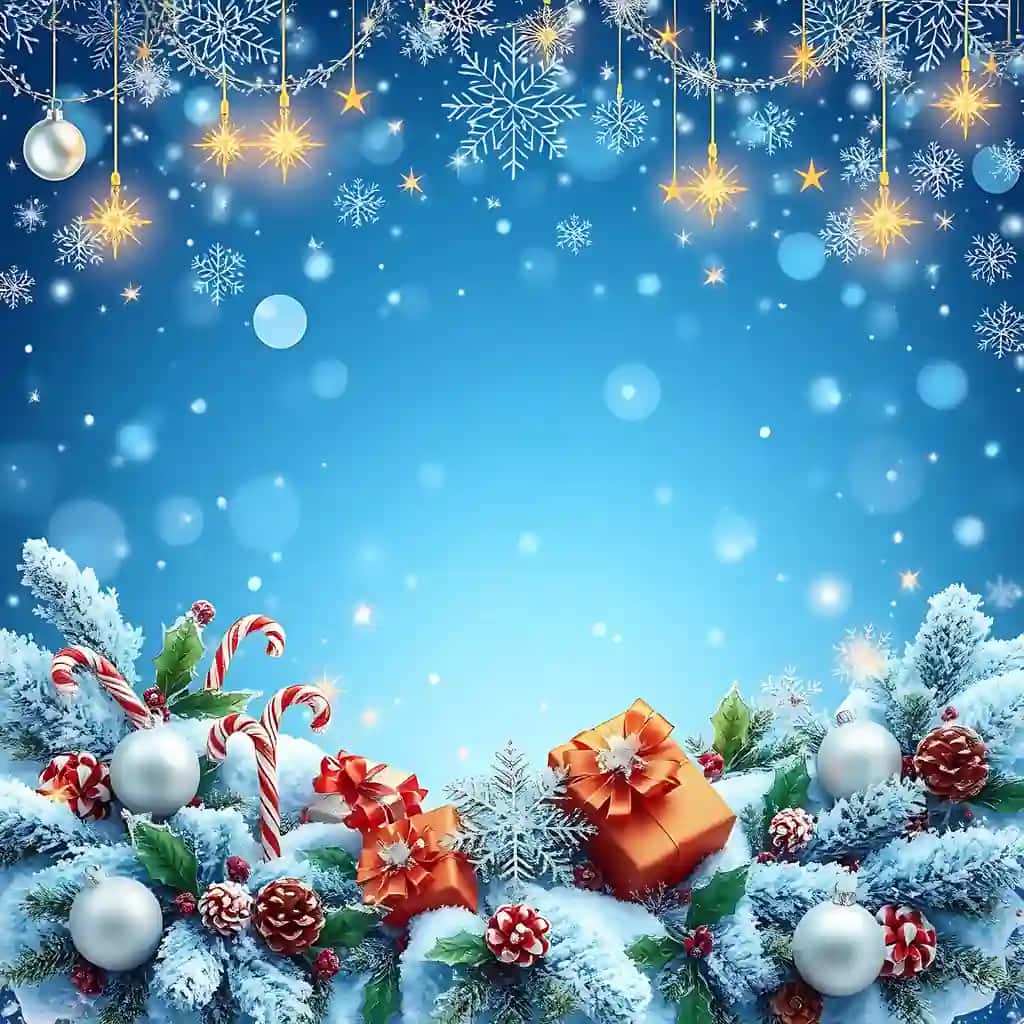 Yorqin qor parchalari bilan bezatilgan muzlagan moviy fon. Oltin yulduzlar miltillovchi muzli gulchambar | Frozen sky blue backdrop adorned with sparkling snowflakes golden stars twinkle frosted wrea