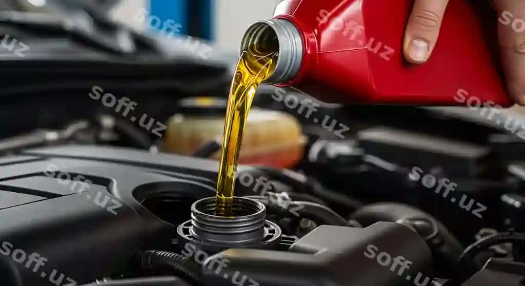 Qizil konteynerga texnik xizmat ko'rsatish jarayoni tabiatidan avtomobil dvigateliga oltin moy quyish | Pouring golden oil into car engine from red container maintenance process nature