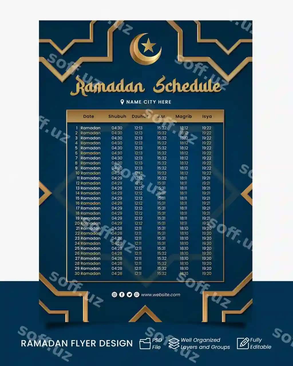 Ramazon jadvali 2023 tahrirlangan vaqt ko'k oltin dizayni | Ramadan schedule 2023 editable time blue gold design