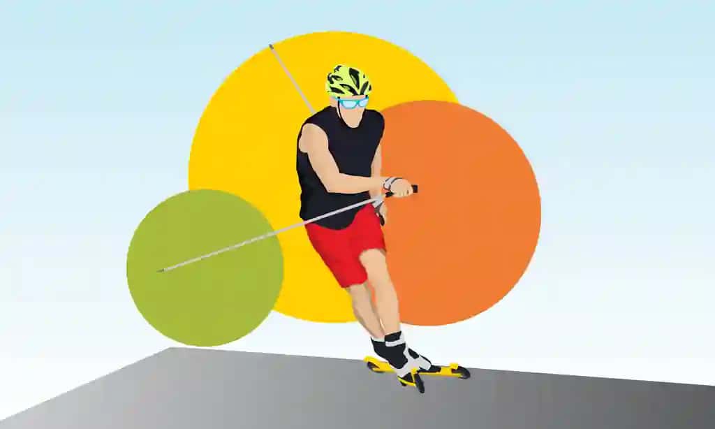 Himoya dubulg'asini kiygan sportchi rolikli chang'ilari mavhum geometrik | Athlete roller skis wearing protective helmet abstract geometric