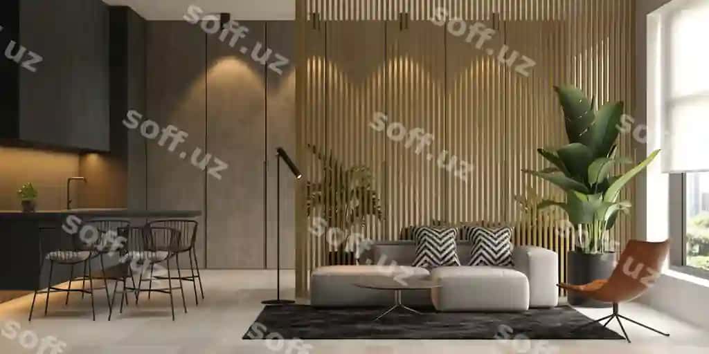 Minimalistik içki dizaynli zamonaviy mehmonxona 3D render | Minimalist interior modern living room 3d rendering
