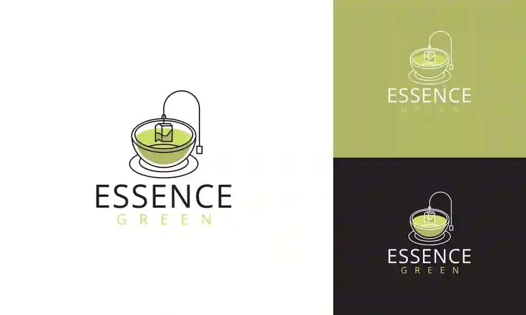 Essence yashil choy logotipi minimalist chiziqli art dizayndagi choy bilan choy piyola | Essence green tea logo minimalist line art design teacup with tea