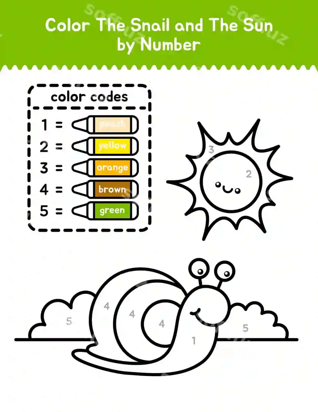 Bolalar uchun rang berish sahifasi bo'yicha yoqimli salyangoz rangi | Cute snail color by number coloring page children