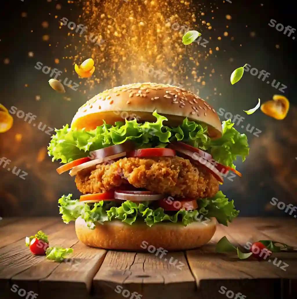 Mazali sevimli burger eriyayotgan pishda bilan yangi moddalar qora orqa fonda | Delicious burger delight with melting cheese fresh ingredients dark background