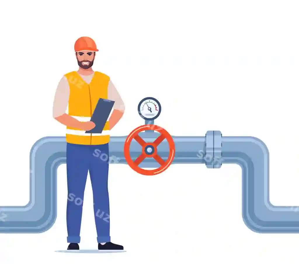 Ish kiyimi va himoyaviy qilich kiygan muhandis neft va suv narmaqlarini tekshiradi. | Engineer workwear protective helmet inspect petroleum water pipelines