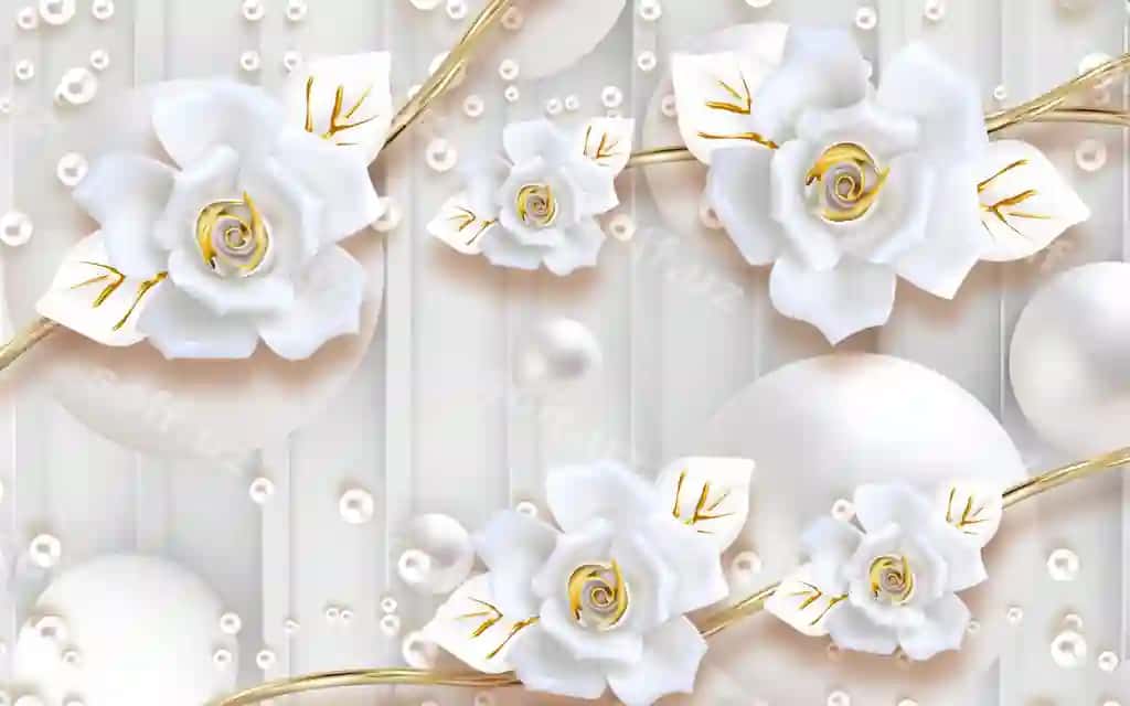 3D klassik devor qog'ozi marvaridli oq oltin gullar engil fon | 3d classic mural wallpaper white golden flowers light background with pearls