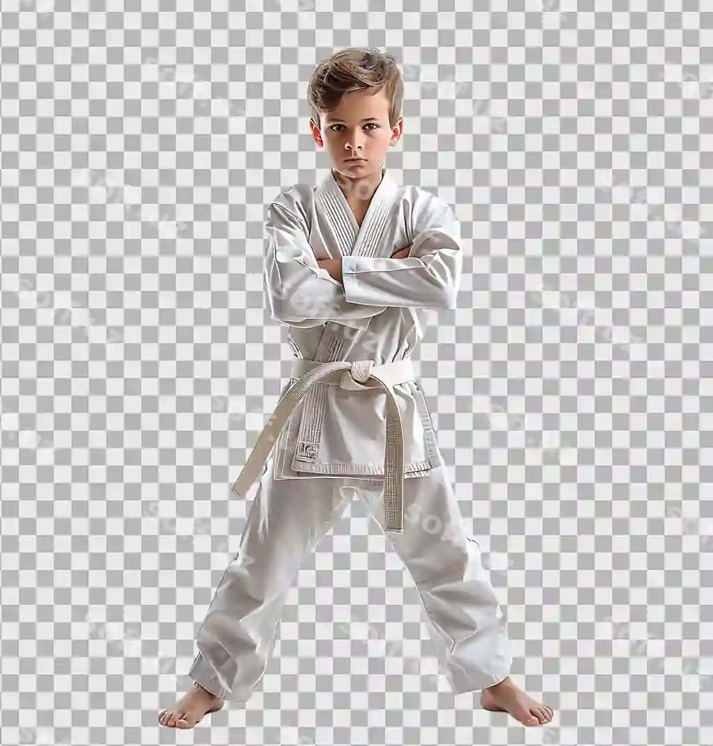 Karate bola posatsiya qilayotgan shaffof fonda | Karate kid posing transparent background
