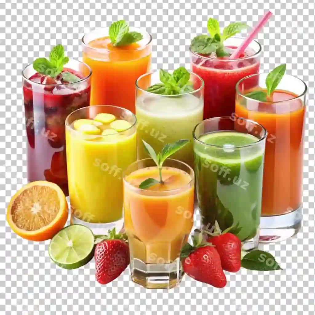 Komplekt kokteyl ichimliklari, yangi shirin giyoh, shaffof fonda | Set cocktails drinks fresh juice transparent background