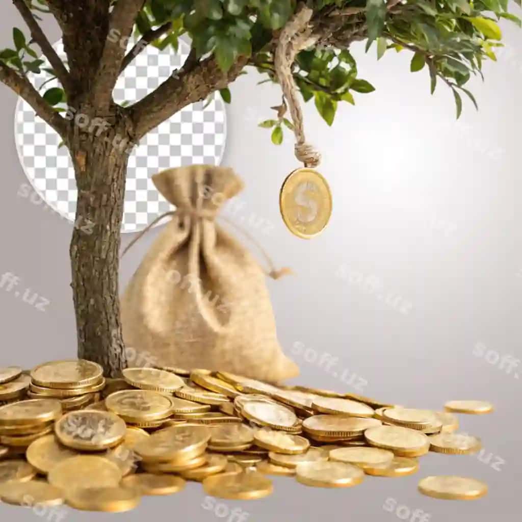 Qorg'oi sumkasi o'tpash tangalari bilan to'ldirilgan ramz boylik va baxtli hayotni ifodalaydi. | Burlap sack overflowing with golden coins symbol wealth prosperity