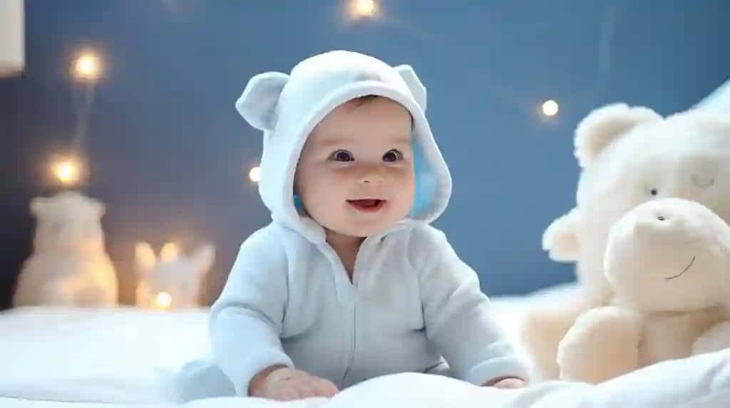 Yoqimli go'dak vannadan so'ng tabassum bilan dam oluvchi to'shak, generativ texnologiyalar yordamida yaratilgan | Cute little baby relaxing bed after bath smiling happily created with generative al technology